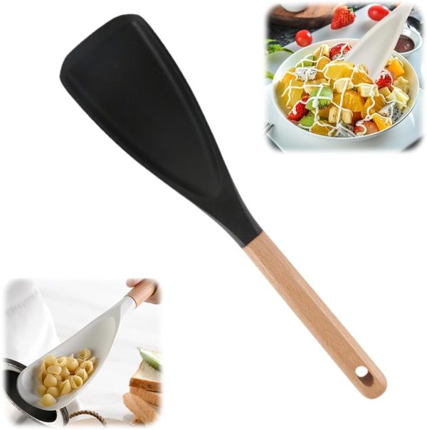 Multi-function Spatula Spoon, 2025 New Cooking Spoon for Nonstick Cookwares, Silicone Cooking Utensils for Kitchen Gadgets,Wood Handle Spoon for Mixing, Scoop, and Scrape (Black)