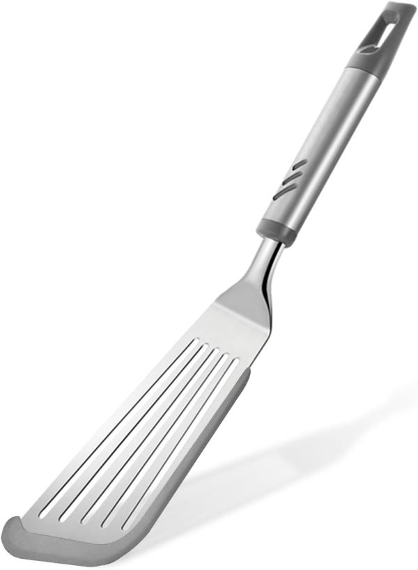 Fish Spatula for Nonstick Cookware, Stainless Steel Slotted Spatula with Silicone Edge, Flexible Metal Turner for Cooking, Flipping, Frying, 12.6" Egg Flipper Utensils, Heat Resistant Handle