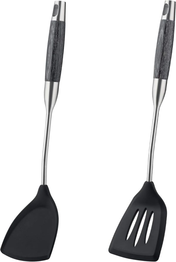 Spatulas, Solid & Slotted Silicone Spatula Set, Stainless Steel Coated with Silicone, Non Stick Turners, Heat Resistant Rubber Spatulas for Fish, Eggs, Pancakes, Wok,2 Pack