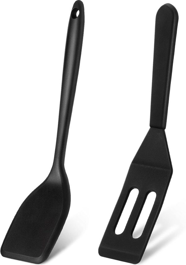 Mini Silicone Brownie Serving Spatula Flexible Nonstick Serve Turner Heat Resistant Cookie Slotted Spatula for Eggs in Small Frying Pan Cookie Batter Lemon Baked(Black,2 Pieces)