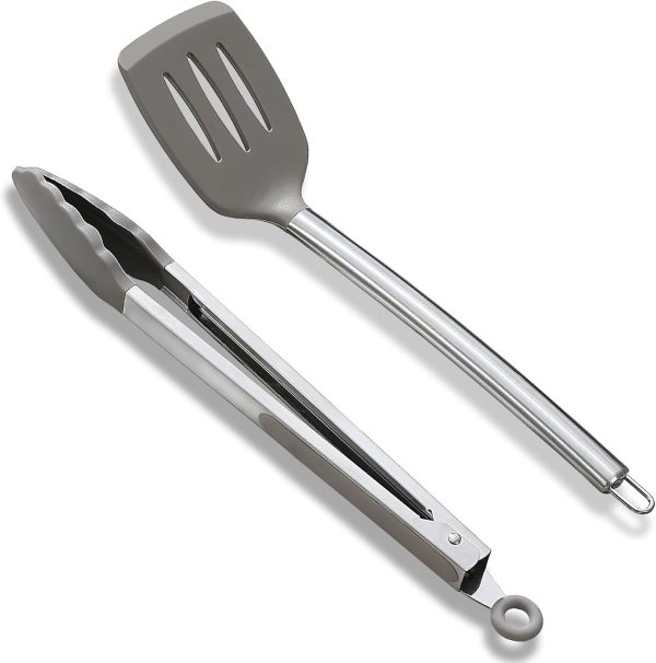 Spatula and Cooking Tong Set, Silicone Slotted Turner, Kitchen Tong, Heat Resistant Handle Non Slip, with Silicon Tips, Dishwasher Safe