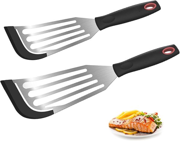 2Pack Silicone Fish Spatulas for Nonstick Cookware,Fish Turner Spatula Stainless Steel with Heat Resistant Silicone Edge,Metal Slotted Spatula for Flipping Fish Egg Patties Fries Pancake Steak (Black)
