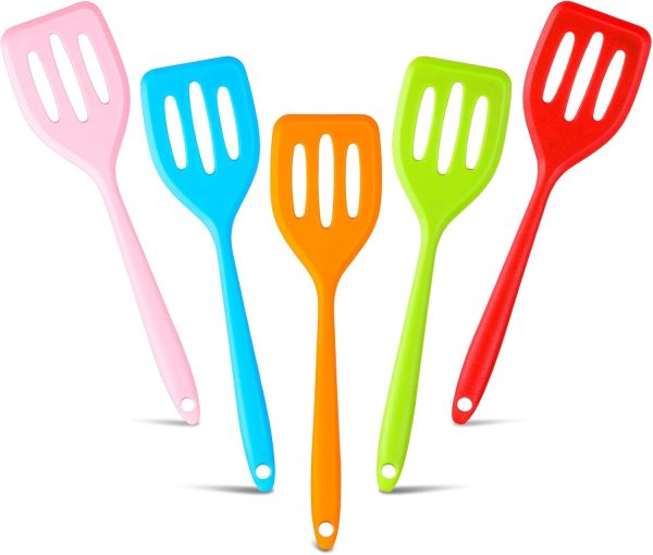 5 Pack small silicone turner high heat resistant slotted spatula fish set flipper mini serving cooking (Red Blue Green Orange Pink)