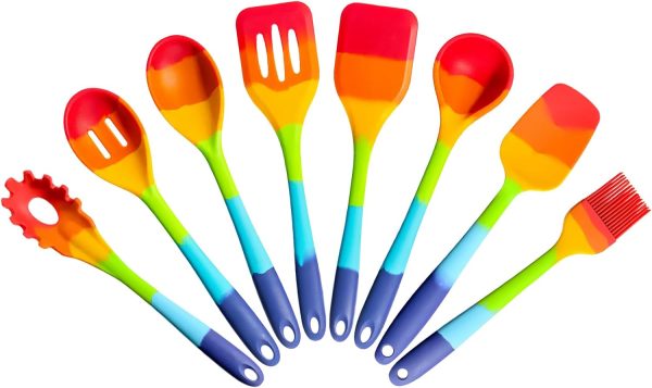 8-Piece Rainbow Silicone Spatula Set for Cooking and Baking, Multicolor Heat-Resistant Cooking Utensils for Nonstick Cookware - Flexible Turner, Spoon, Spatula, Brush, FDA Safe