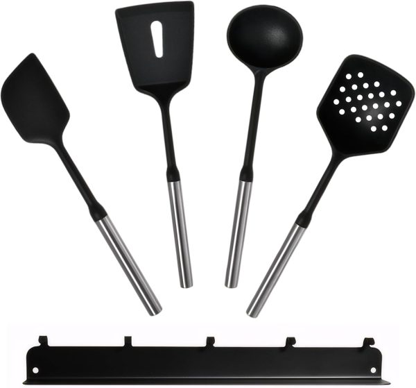 Silicone Spatula Set,5-Piece Food Grade Rubber Spatulas with Stainless Steel Magnetic Handle High Heat Nonstick Cookware Resistant BPA Free Cooking Utensils Ideal for Burger Eggs Pancakes(Black)