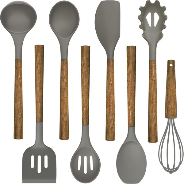 Silicone Cooking Utensil Set, 8-Piece Kitchen Utensils Set with Natural Acacia Wooden Handles,Food-Grade-Silicone Kitchen Gadgets and Spatula Set for Nonstick Cookware - Grey