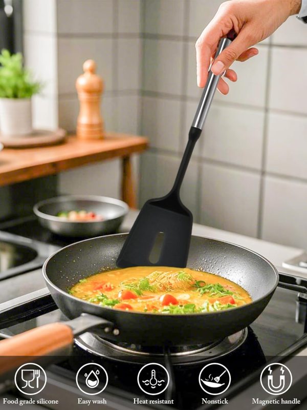 Silicone Spatula Set,5-Piece Food Grade Rubber Spatulas with Stainless Steel Magnetic Handle High Heat Nonstick Cookware Resistant BPA Free Cooking Utensils Ideal for Burger Eggs Pancakes(Black)